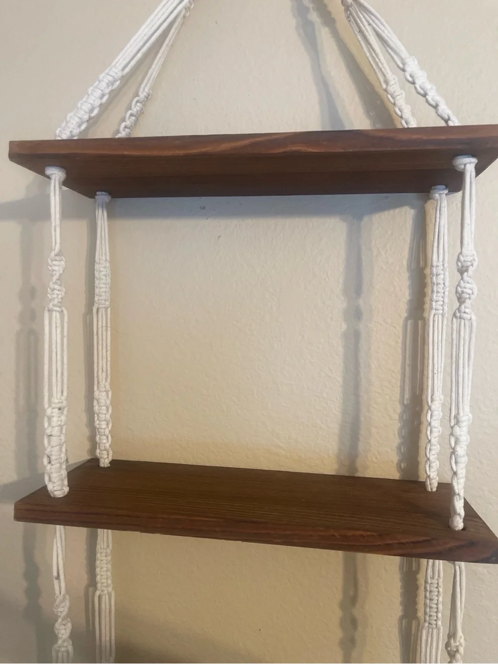 Boho White Macramé Hanging Wall Shelf with Dark Wood Panels